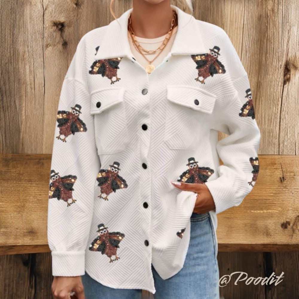 POODIT Super cute sequin turkey Shacket S L XL - Picture 3 of 10